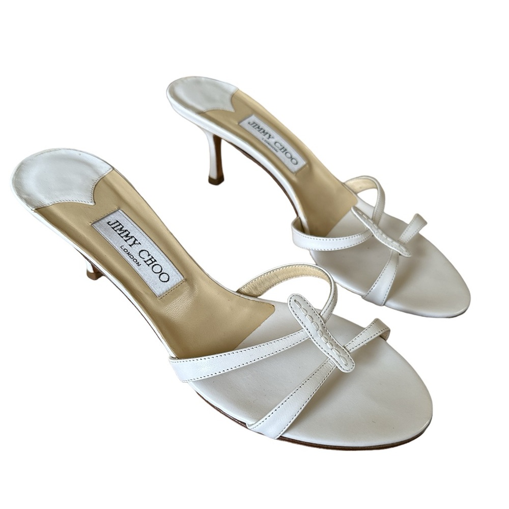 Jimmy Choo Leather Heel Sandals Size 39.5 Ivory/White Strappy